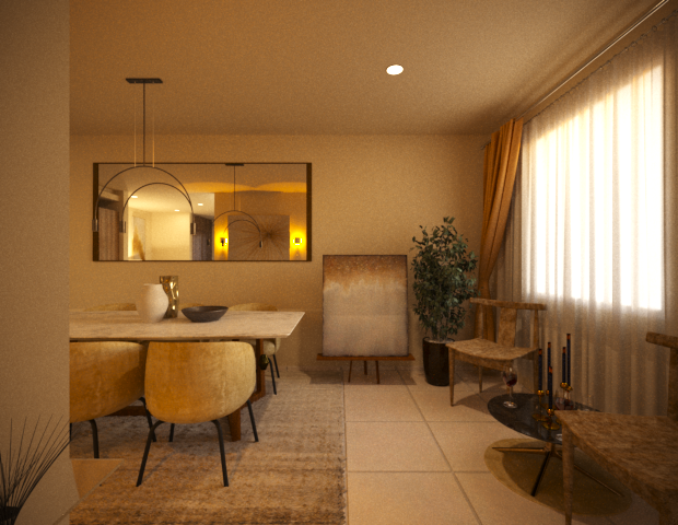 Living room with a dining table, upholstered chairs, a mirror, and decorative lamps on the wall, with a large window covered by sheer curtains.
