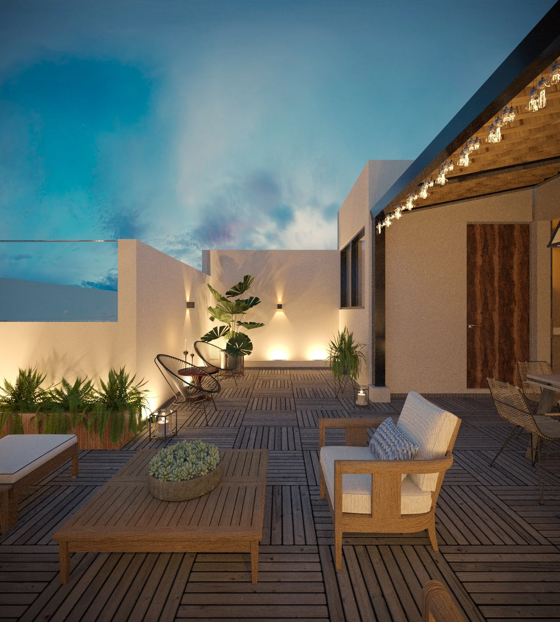 Modern outdoor patio with wooden furniture, potted plants, string lights, and decorative lighting, under a twilight sky.