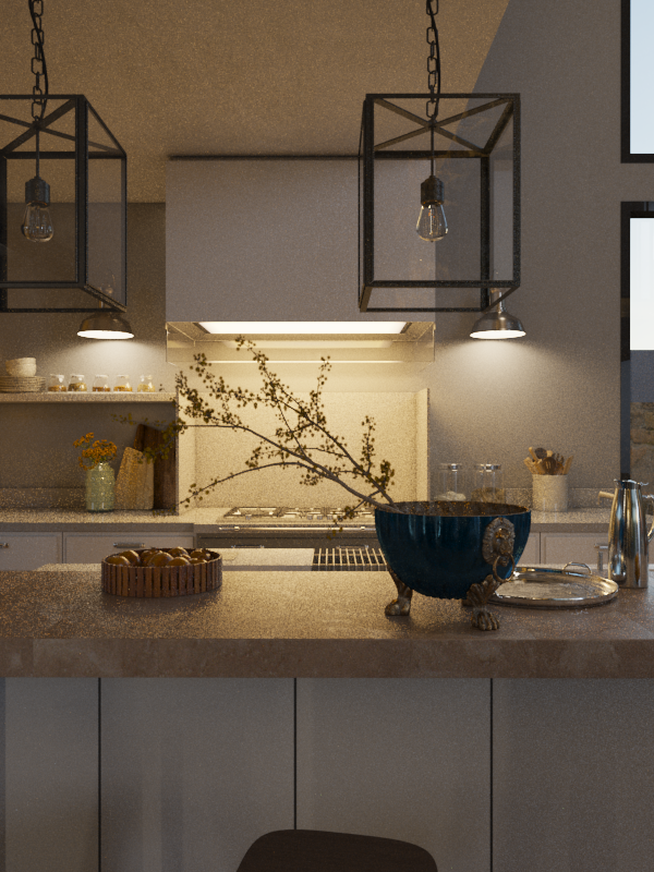 Modern kitchen with pendant lighting, a countertop with a decorative blue bowl, a wooden tray with fruit, and cabinets.