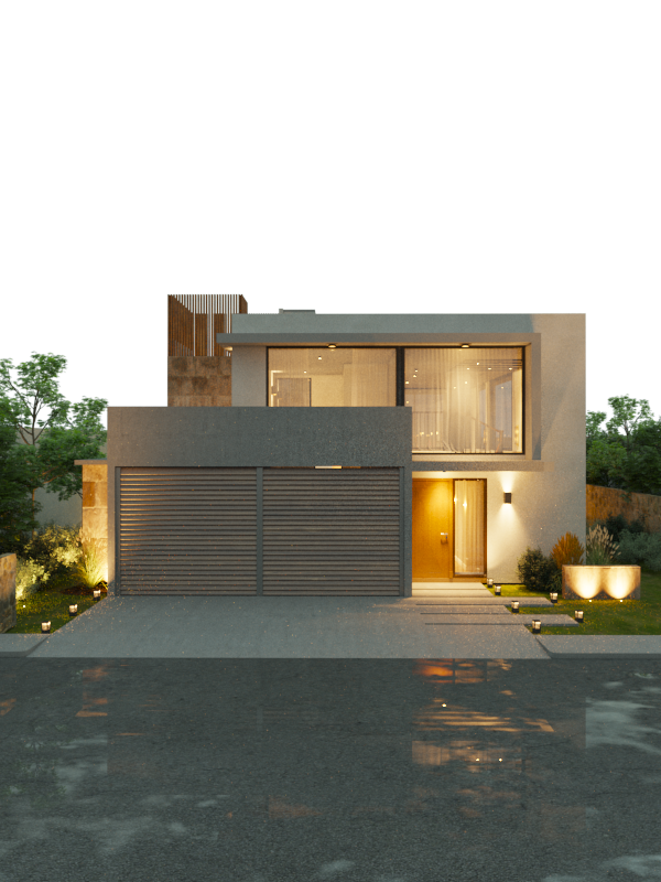 Modern two-story house with large glass windows, a garage, and exterior lighting, surrounded by landscaped greenery.