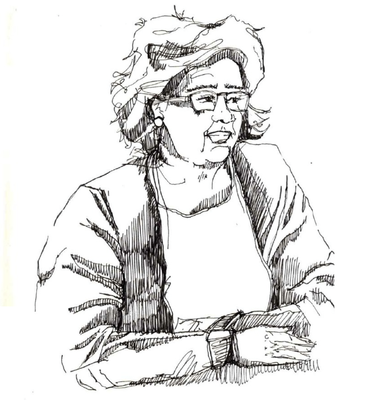 Line drawing of a woman wearing glasses, earrings, a jacket, and a wristwatch, with wavy hair, sitting with her forearms crossed on a surface.