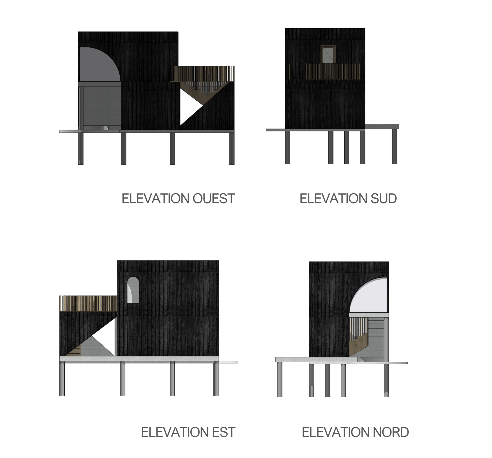 Architectural elevation drawings of a modern house, showing west, south, east, and north views, with a dark exterior, wooden accents, and elevated foundation.