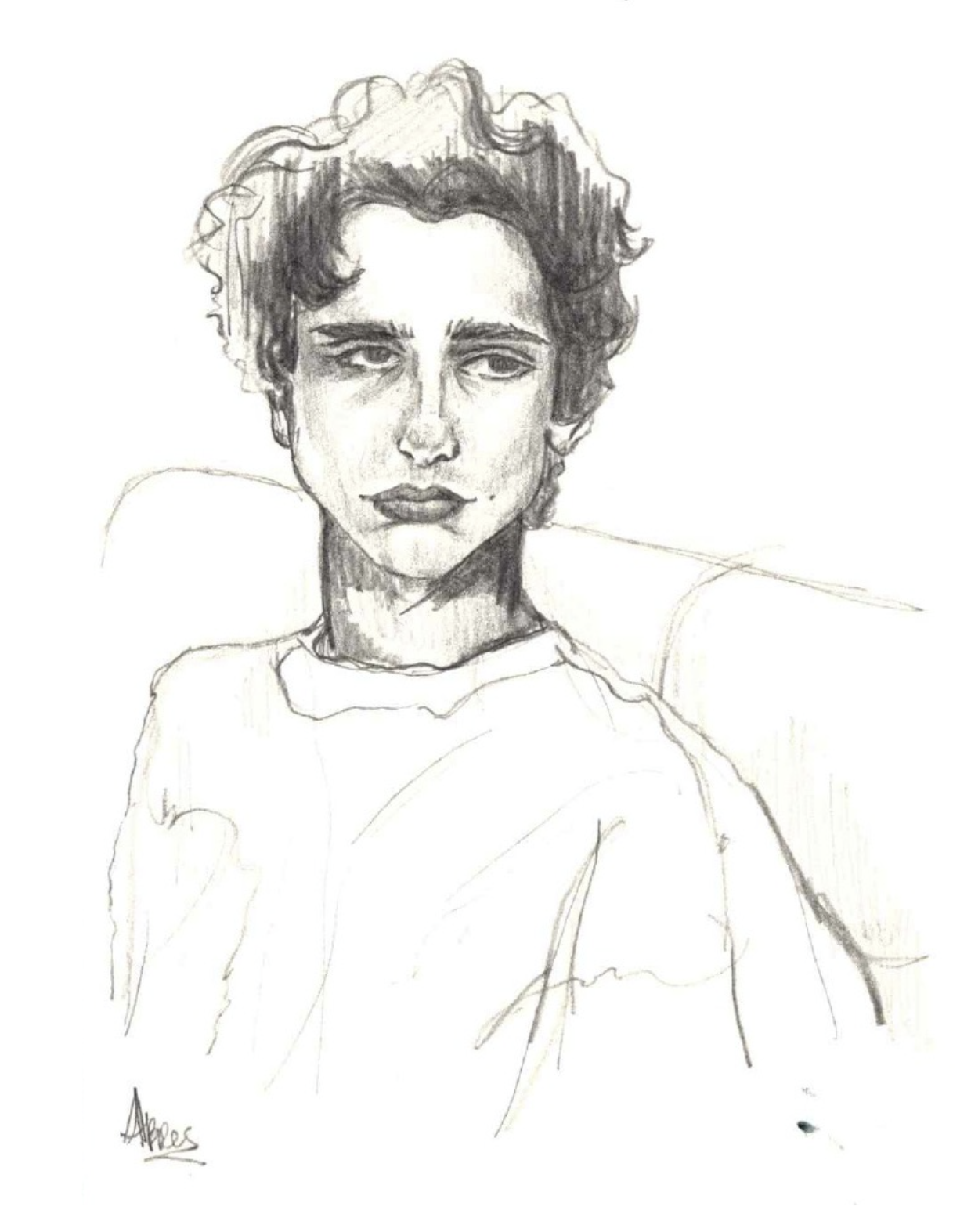 A black and white sketch of a person with curly hair, wearing a loose T-shirt, sitting against a couch or chair, with a thoughtful expression.