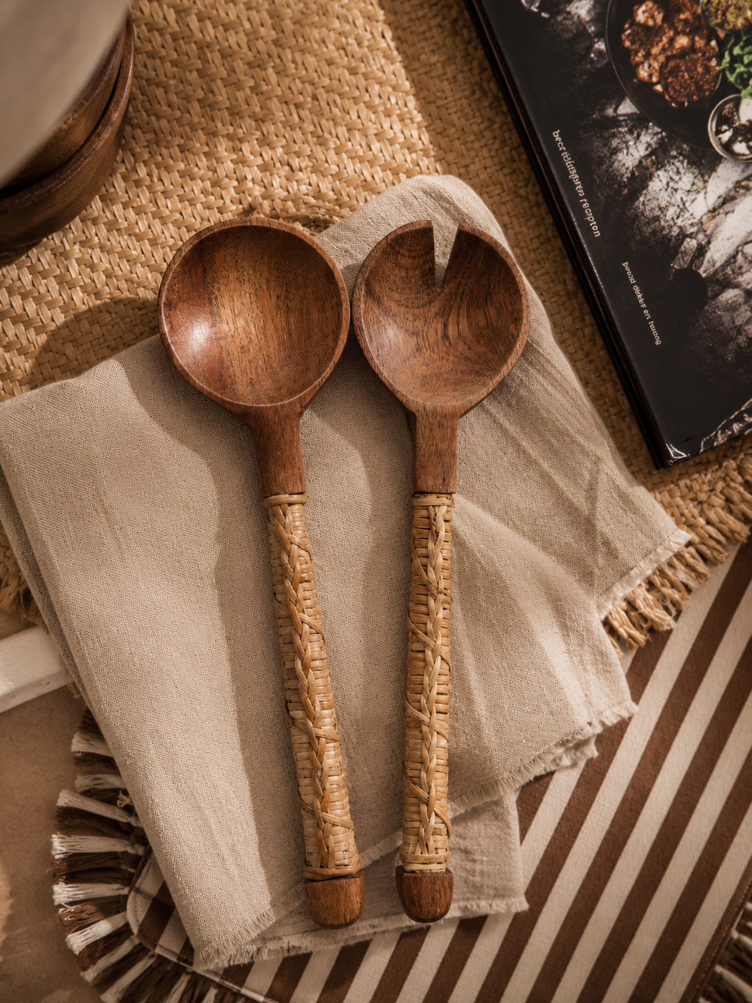 Saladebestek acaciahout touw – Houten saladelepel & slavork – Set van 2