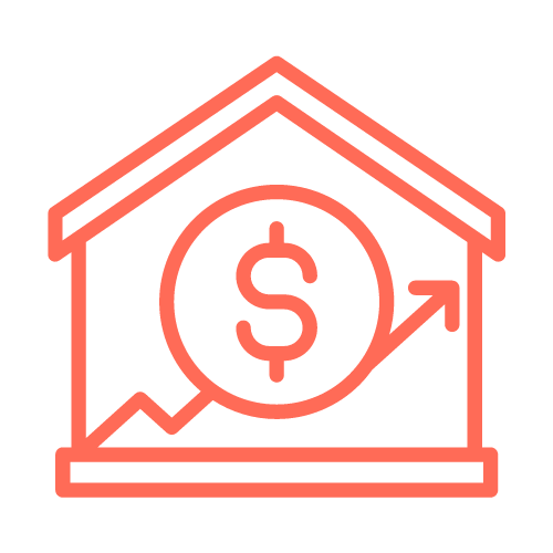 A house icon with a dollar sign inside and an upward trending arrow, representing real estate or property investment growth.