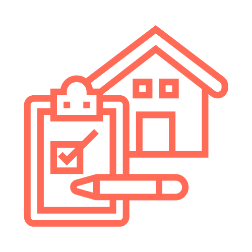 Icon of a house with a clipboard showing a checkmark and a pen, representing home inspection or real estate services.