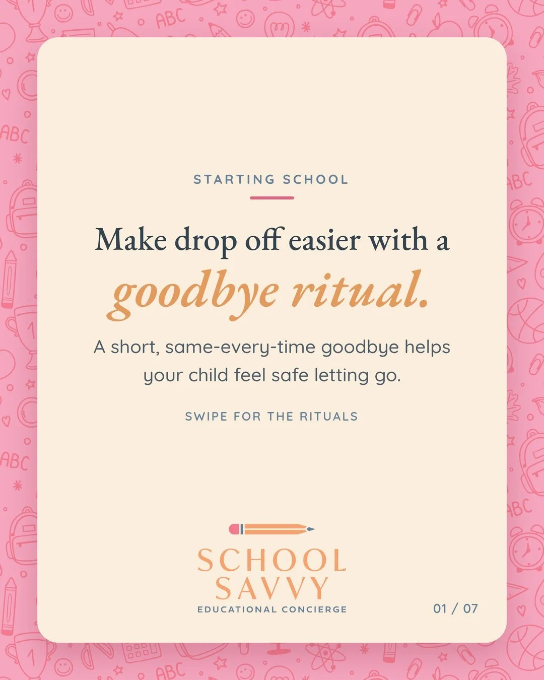 Drop off tears are so normal, and they almost always get easier with a plan. 🧡 

The secret is a goodbye ritual: something short, simple, and exactly the same every single day. When your child knows what to expect, the scary unknown gets a lot small