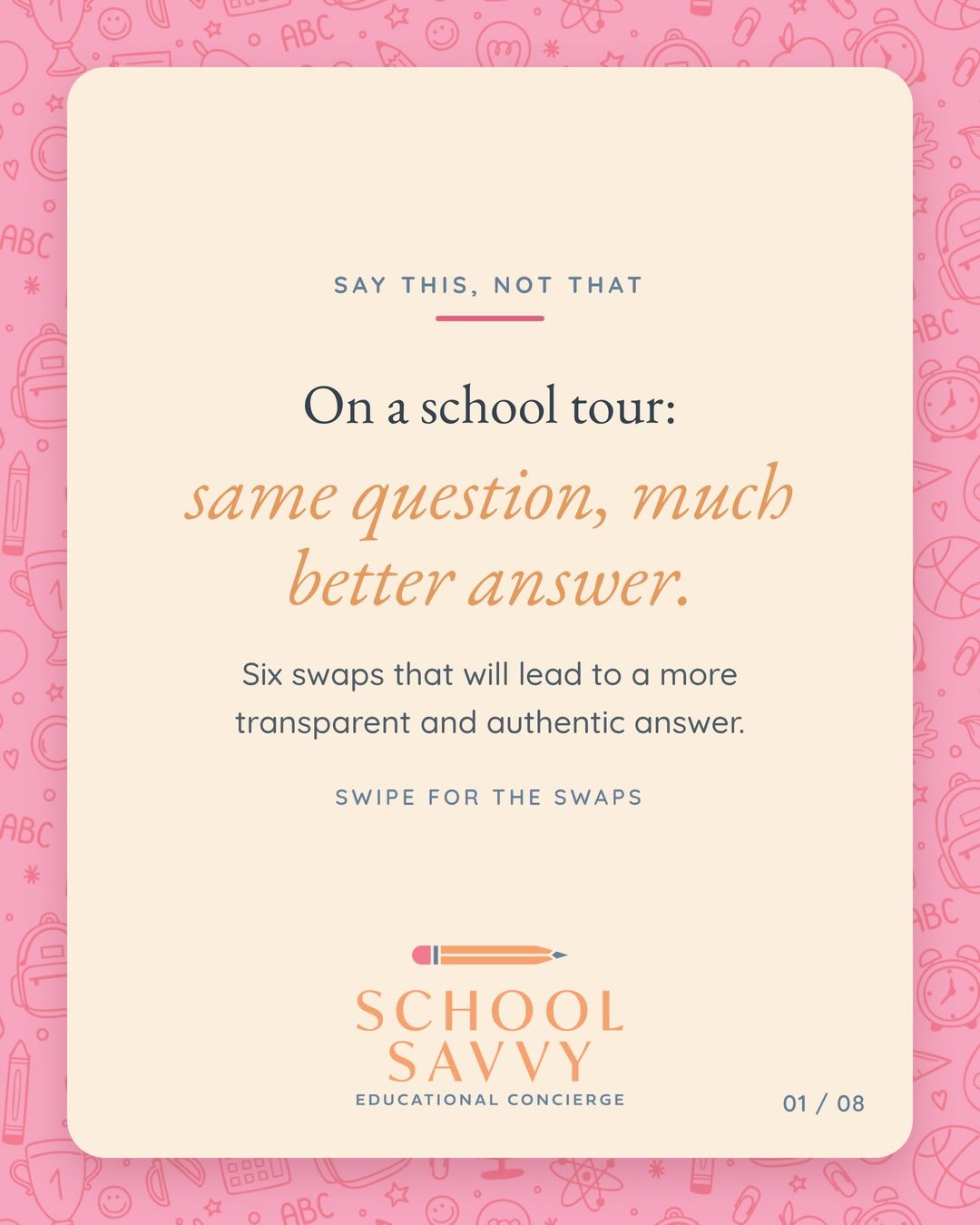 Say this, not that: on a school tour. 🏫 The same question, asked differently, gets you a completely different answer.

Instead of &ldquo;is there a lot of homework,&rdquo; try &ldquo;walk me through a typical Tuesday night for a fourth grader.&rdquo