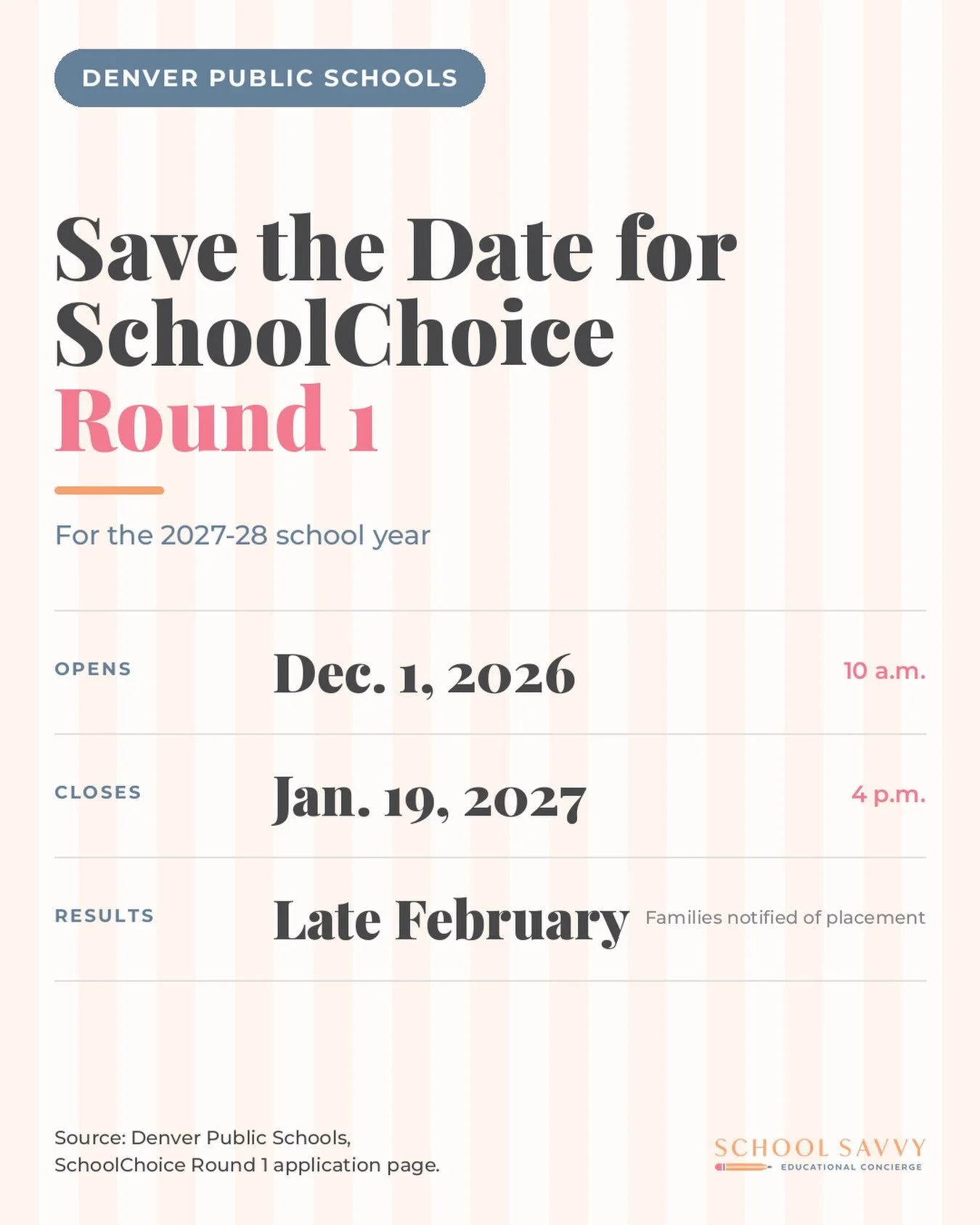 📣For the 2027-28 school year, the DPS Round 1 application opens at 10 a.m. on Dec. 1, 2026 and closes at 4 p.m. on Jan. 19, 2027. Families will be notified of placement results in late February.

It doesn&rsquo;t matter when you submit your applicat