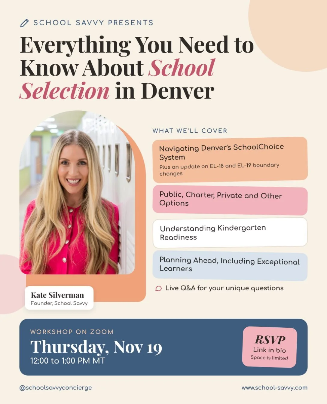 📚 Feeling overwhelmed by all the school options in Denver? You&rsquo;re not alone, and you don&rsquo;t have to figure it out by yourself!

Join me on Thursday, November 19 from 12:00 to 1:00 PM for Everything You Need to Know About School Selection 