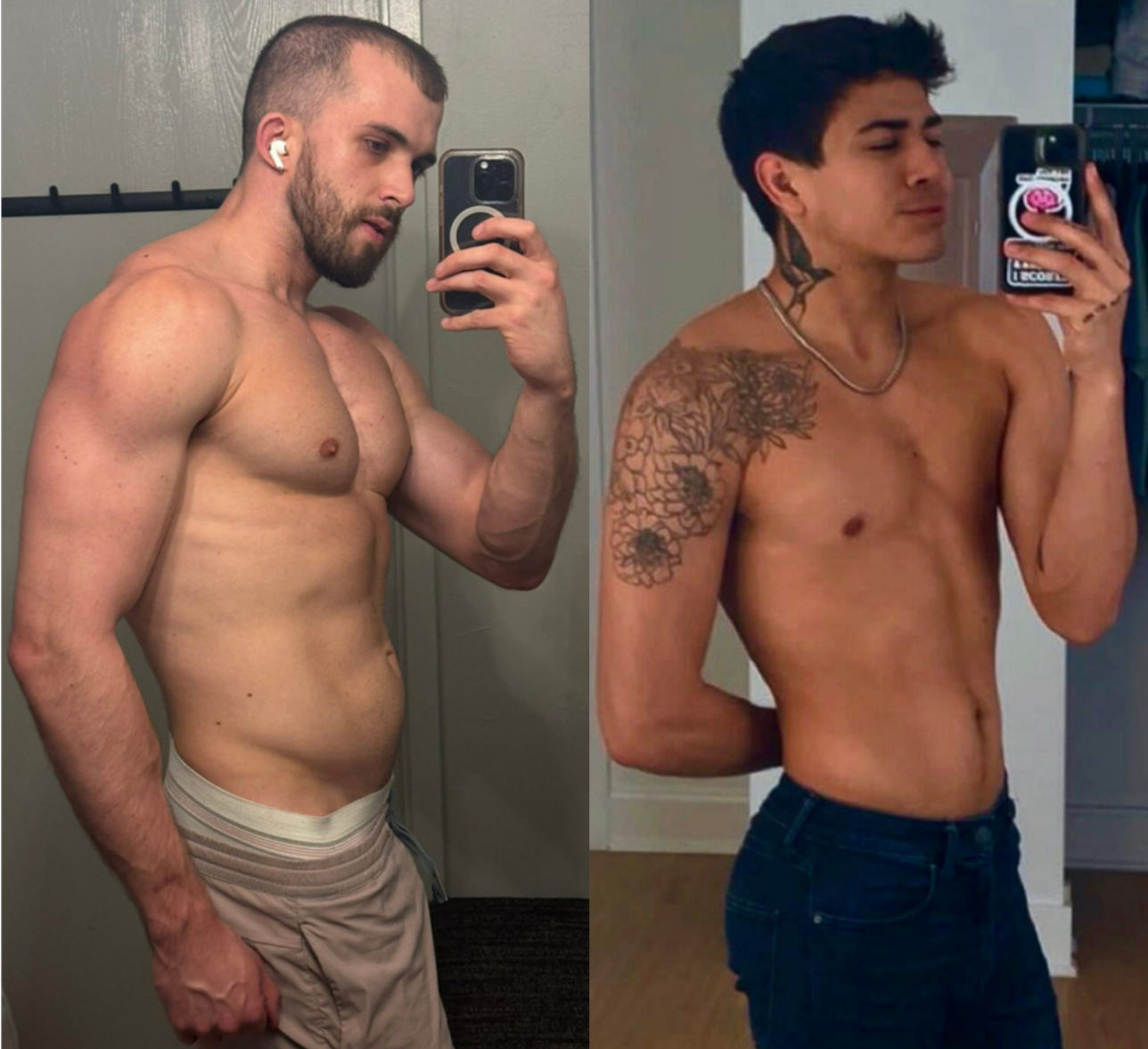 2 mirror selfies with phone of Corban and Jack shirtless
