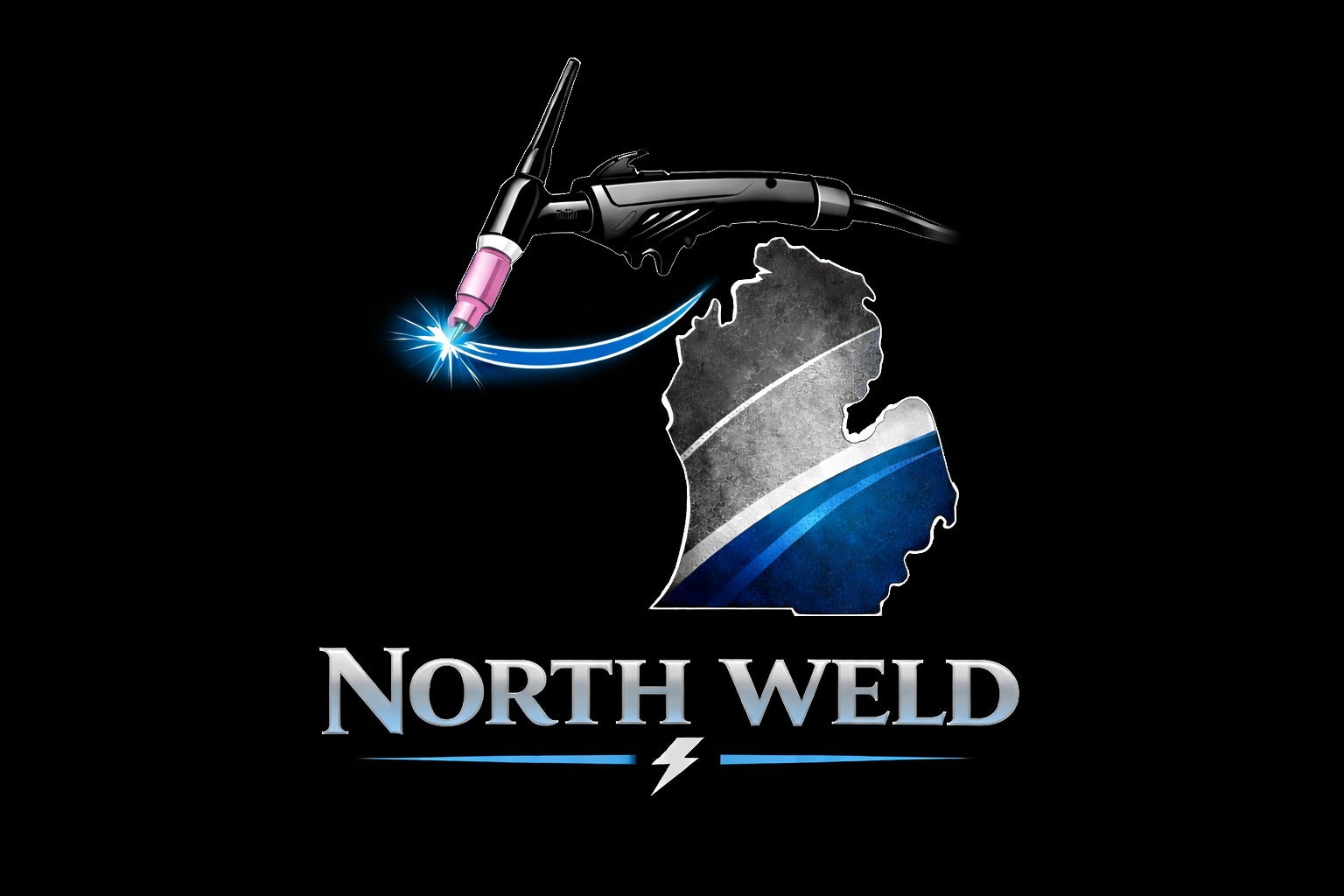 A logo for North Weld features a stylized map outline of Washington state with a blue and gray color scheme. Above the map, a welding torch emits sparks and blue arcs. Below the map, the words "NORTH WELD" are written in metallic font with a blue line and a lightning bolt symbol beneath.