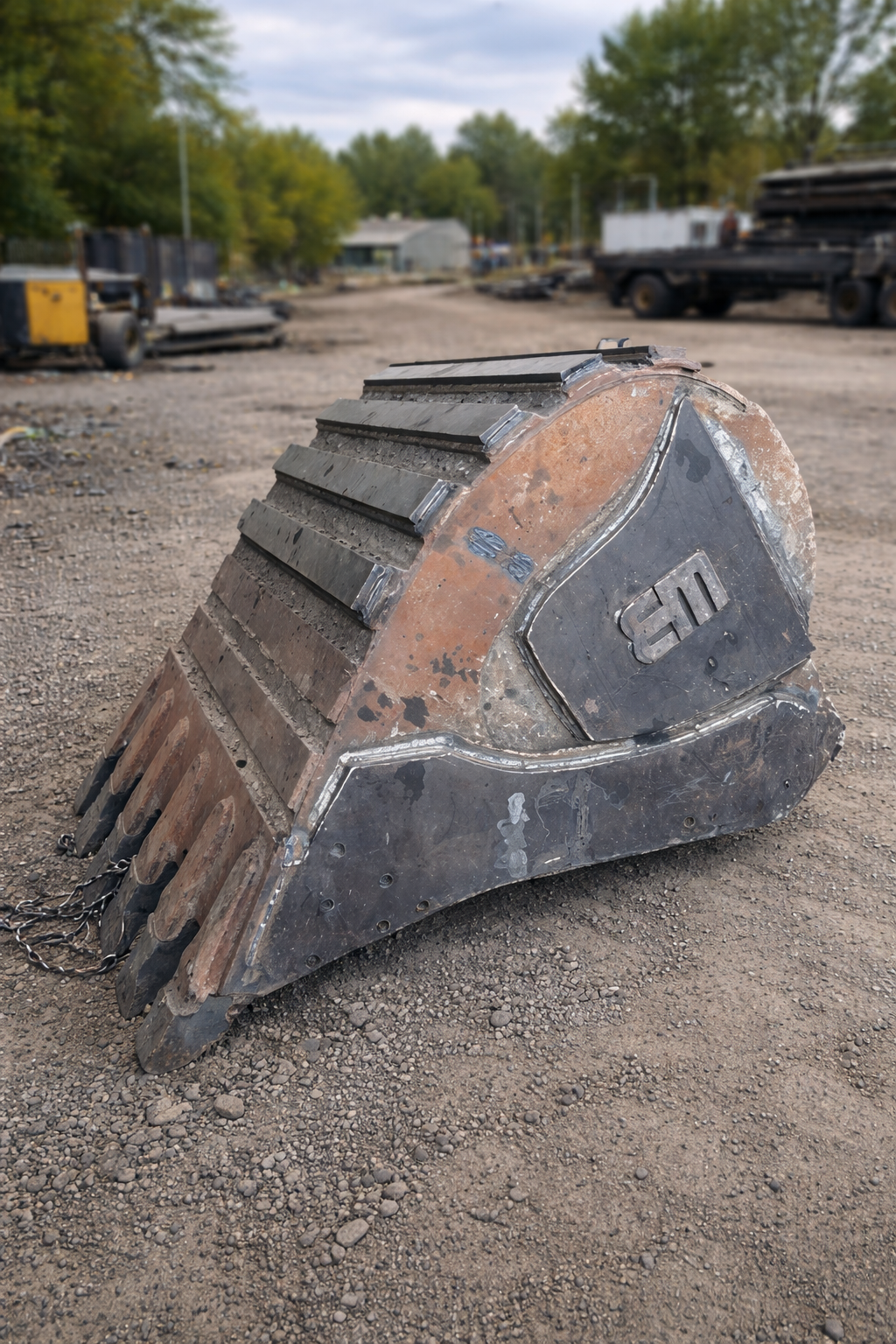 A large, heavy-duty track roller with the letters 'US' on it, sitting on a dirt surface in an industrial yard with trees, trucks, and storage containers in the background.