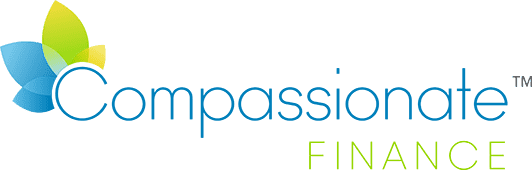 Compassionate Finance logo with colorful leaf icon and blue and green text.