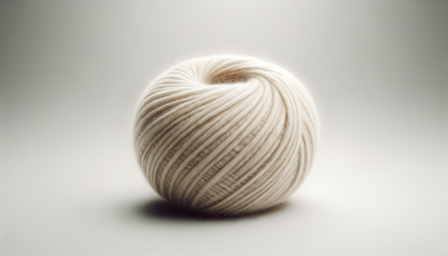 A close-up of a beige yarn ball with soft, tightly wound strands on a plain white surface.