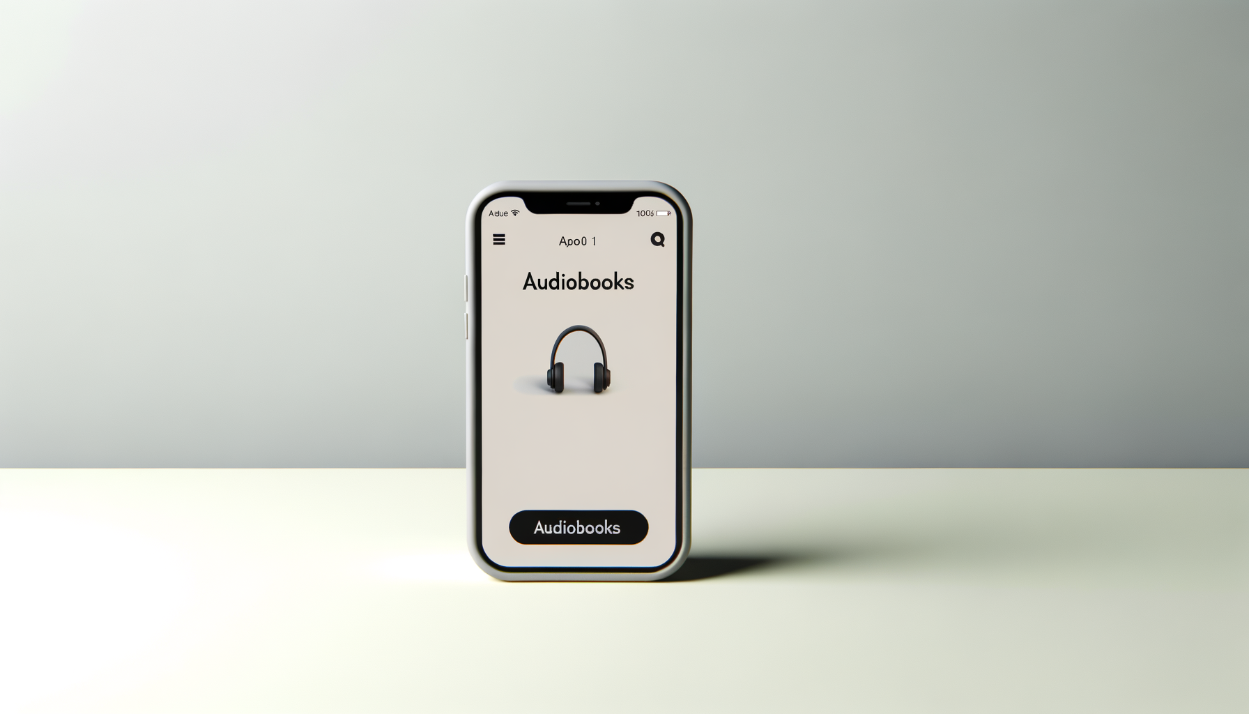 Smartphone displaying a digital app for audiobooks with a headphone icon on the screen, placed on a plain surface with a neutral background.