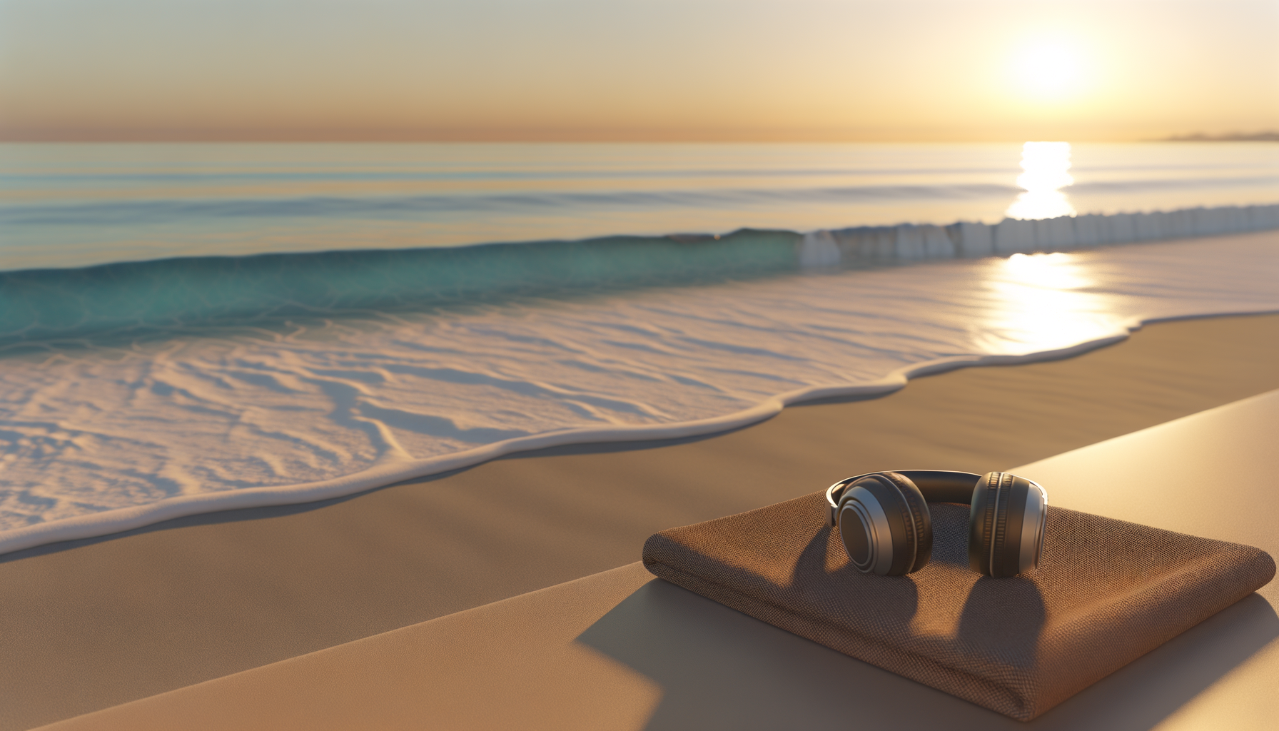 Headphones resting on a brown cloth on a table by the beach during sunset, with waves and the sun reflecting on the water.