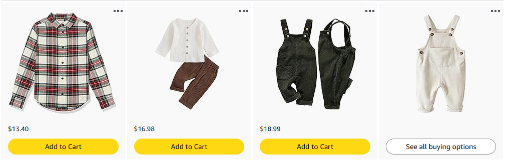 Collection of four toddler clothing items: a plaid long-sleeve shirt, a white cardigan with matching pants, black overalls with a matching black shirt, and white overalls.