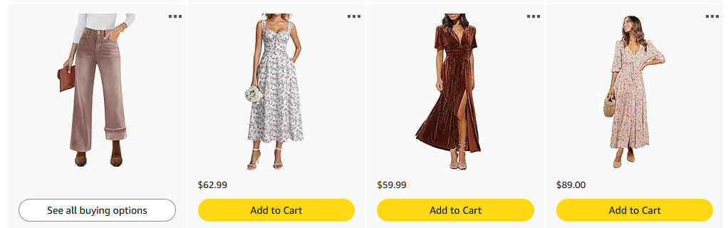 Collection of four women's dresses and pants, displayed in an online shopping setting.