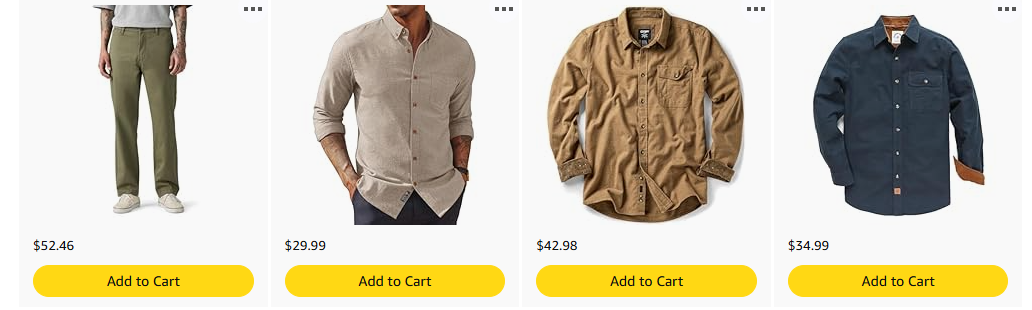 Four men's shirts and pants displayed in an online store. The pants on the far left are beige with a loose fit, priced at $52.46. Next is a light beige long-sleeve button-up shirt with rolled-up sleeves, priced at $29.99. The third is a tan, button-u