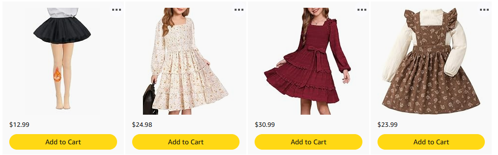 Collection of girls' dresses and skirts displayed on a shopping website