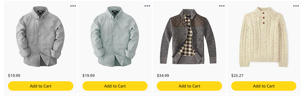 Set of four sweaters and jackets, including two light-colored button-up shirts, one checked jacket, and a cream cable-knit sweater, displayed on an online shopping site.