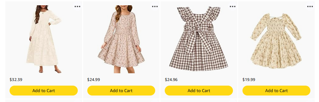 Four girls' dresses in various floral and checkered patterns displayed for sale on a website.