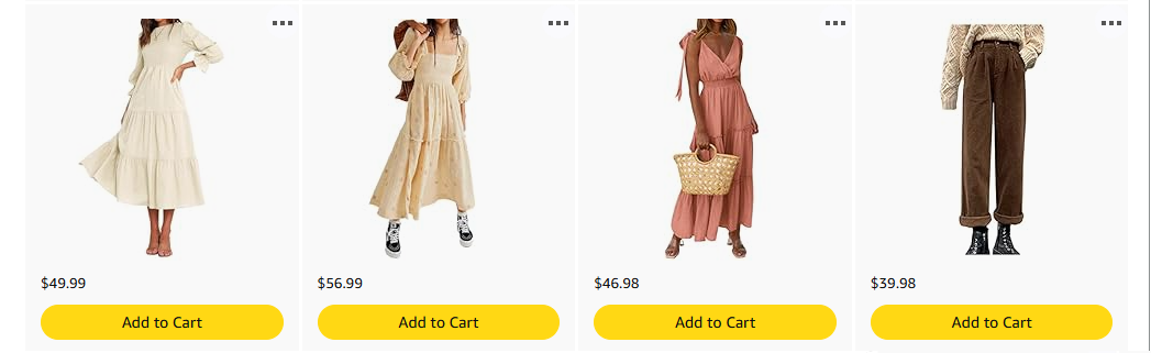 A row of four different women's dresses and outfits, each with a yellow "Add to Cart" button below, priced between $39.98 and $56.99.