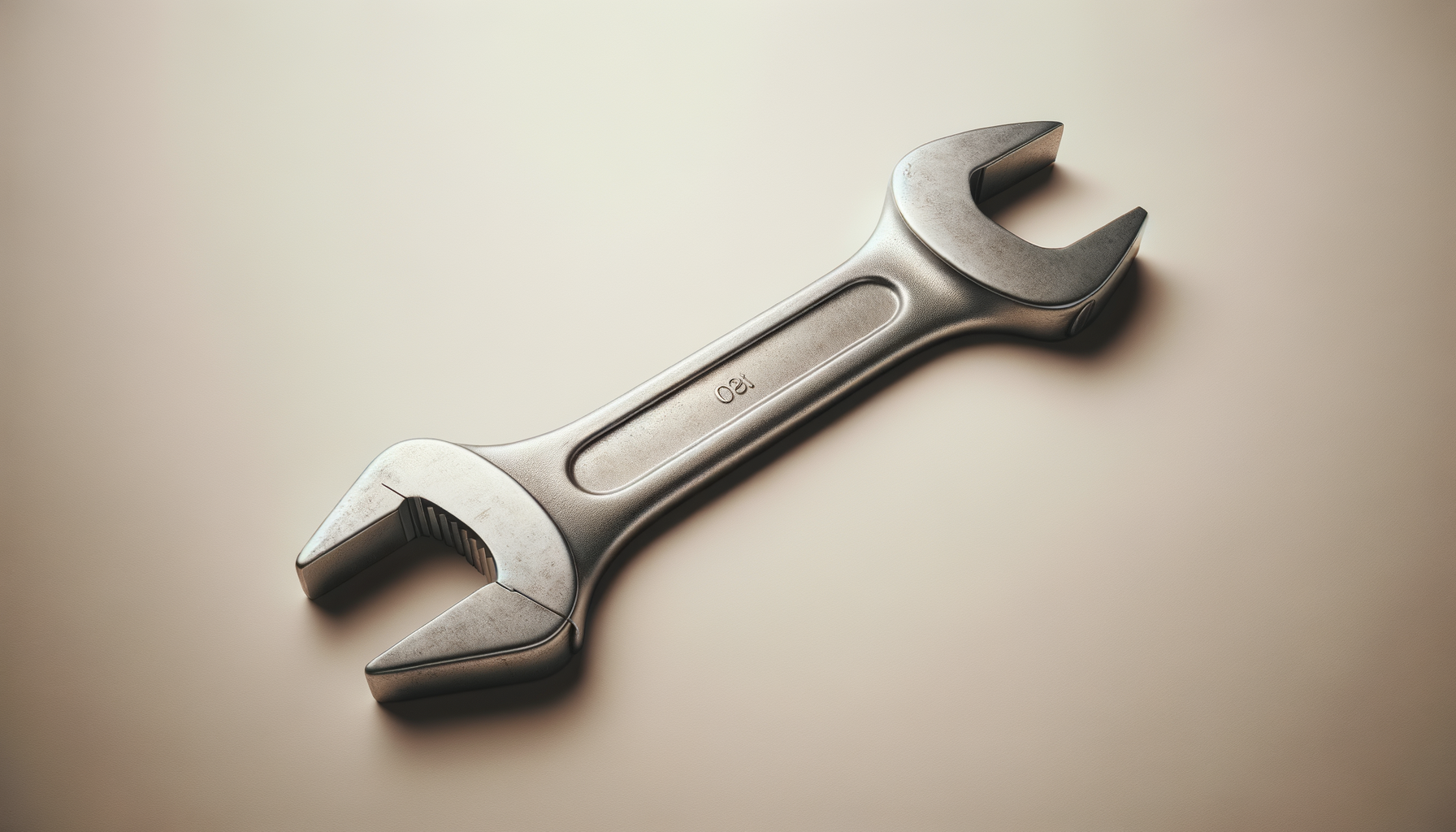 A metallic adjustable wrench resting on a plain, light-colored surface.