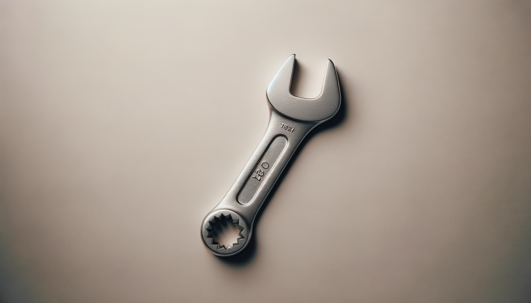 A combination wrench with open end and ring ends, made of metal, resting on a neutral surface.
