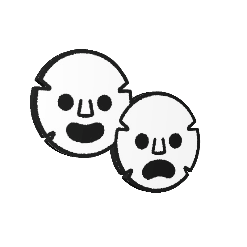 Black and white illustration of two cracked skulls with smiling and surprised facial expressions.