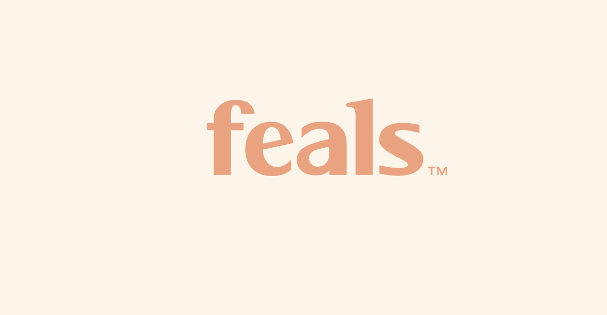 The word 'feals' in large, peach-colored letters on a light beige background.