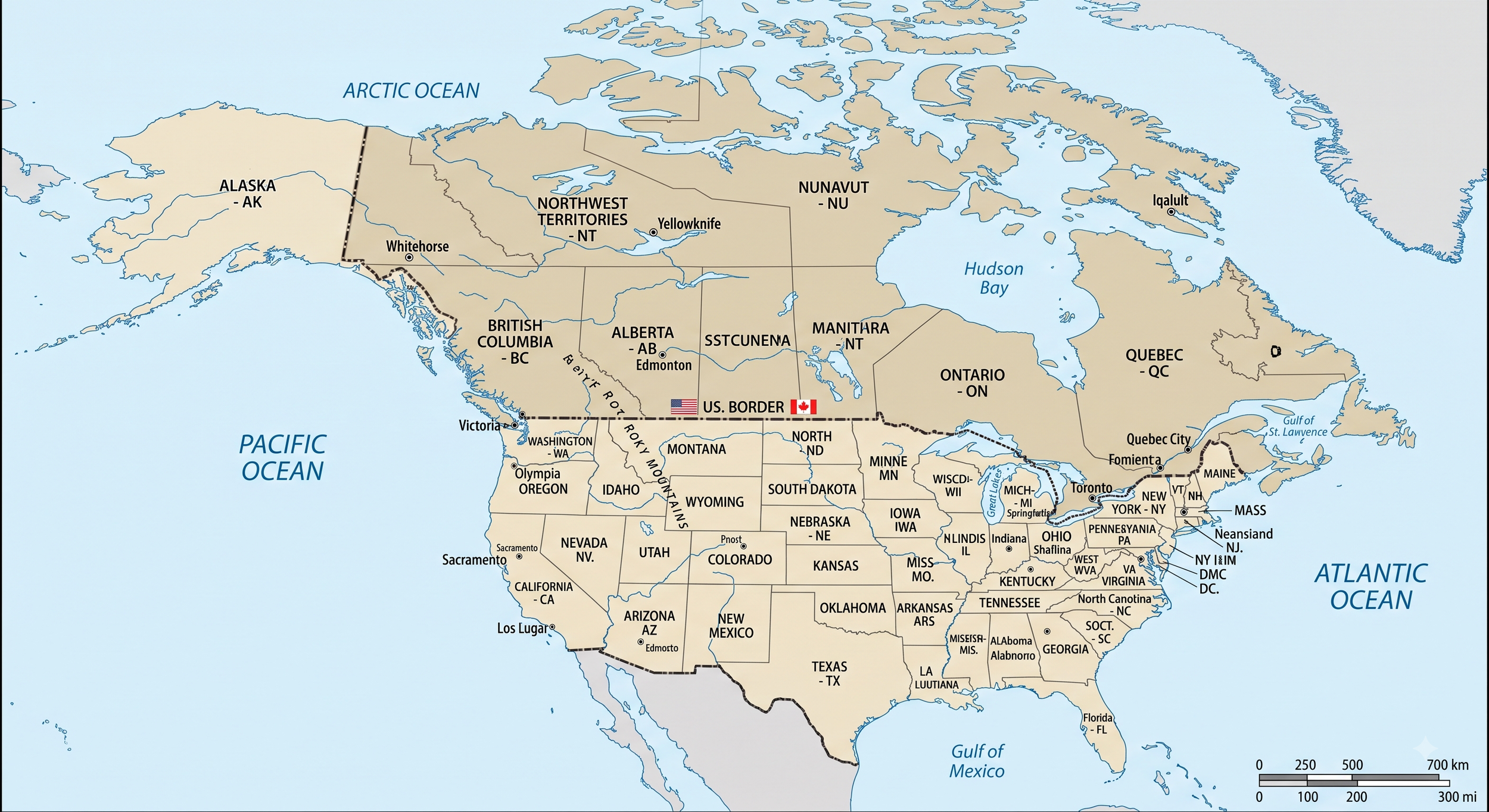 Map of the United States and Canada showing states, provinces, and territories, with major cities and borders marked. The US-Canada border is highlighted with flags of the US and Canada. Water bodies such as the Atlantic Ocean, Pacific Ocean, Gulf of Mexico, Hudson Bay, and Arctic Ocean are labeled.