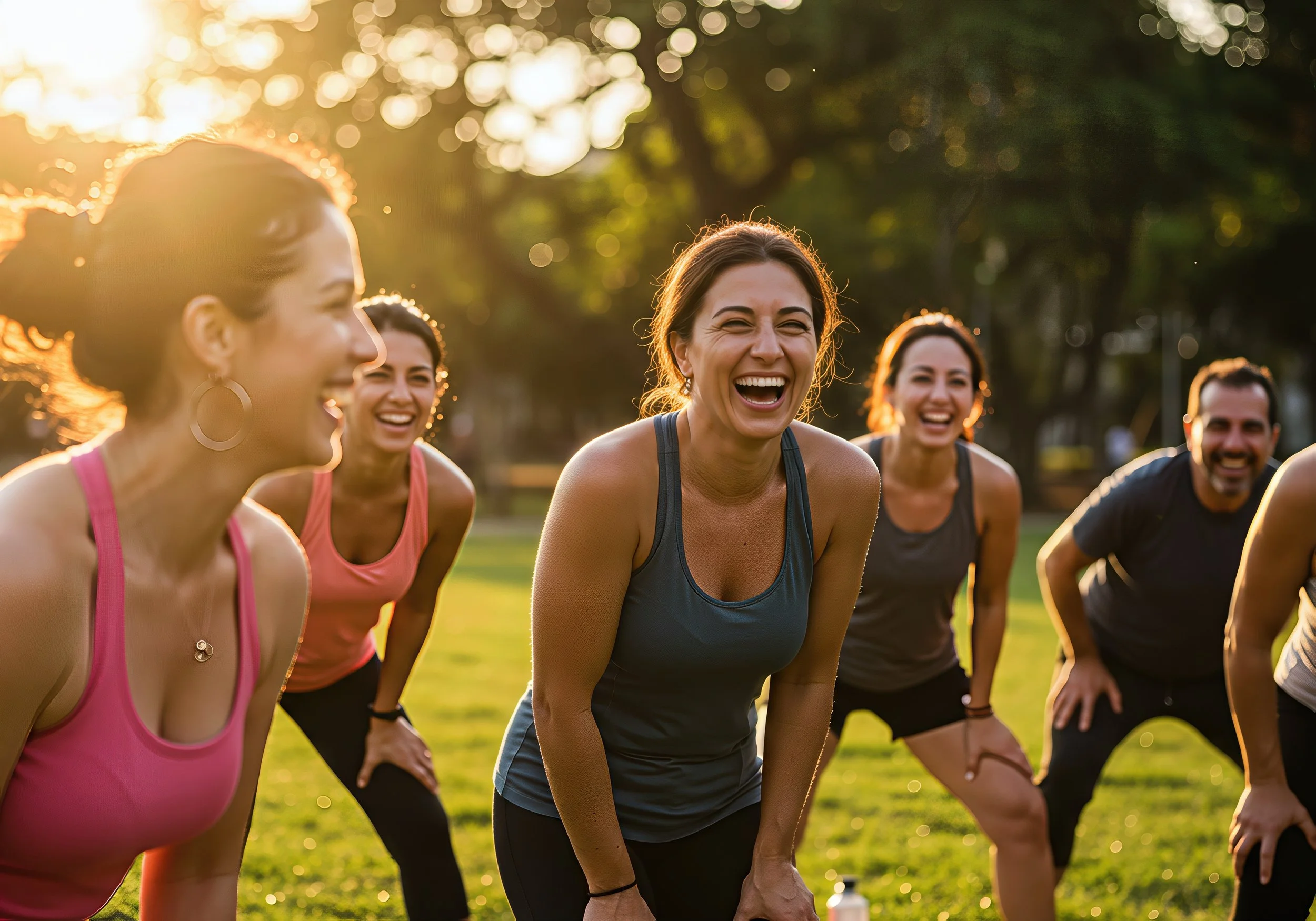 A group of women and one man smiling and laughing as they stretch outdoors during a sunset in a park.