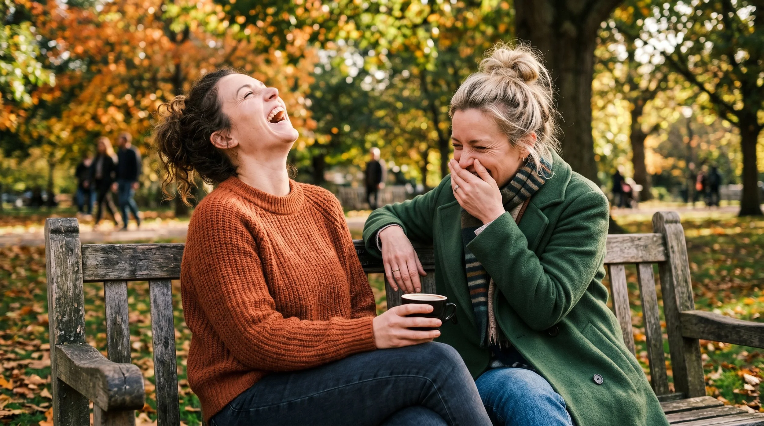Two women sitting on a wooden park bench laughing and having a good time, with autumn leaves on trees and people walking in the background.