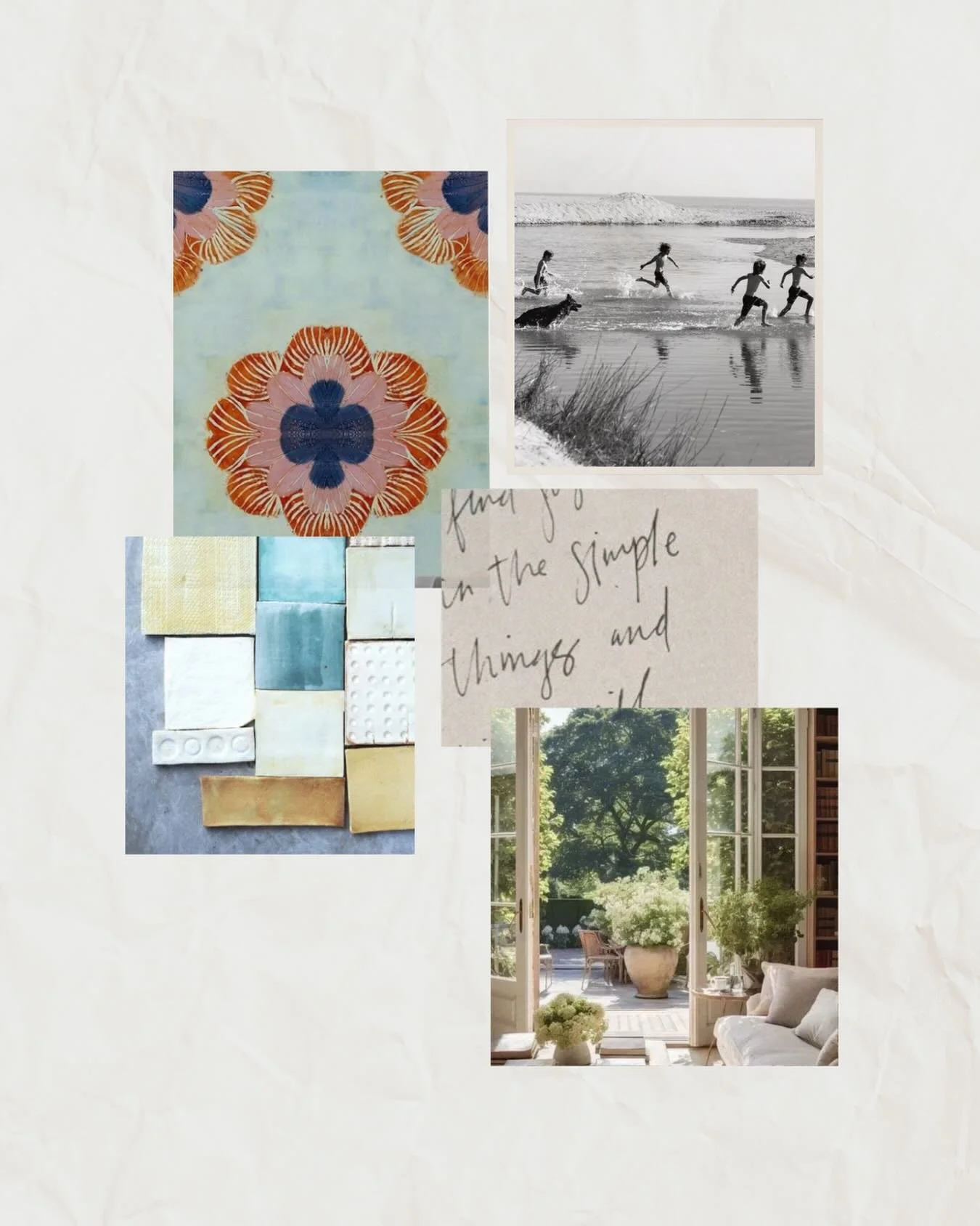 This is how a collection starts for me.

Not with a finished vision. More like gathering clues.

A wallpaper pattern. The softness of sea glass. Trim details from old homes. Library light. Garden greens. A faded textile. The feeling of summer near th