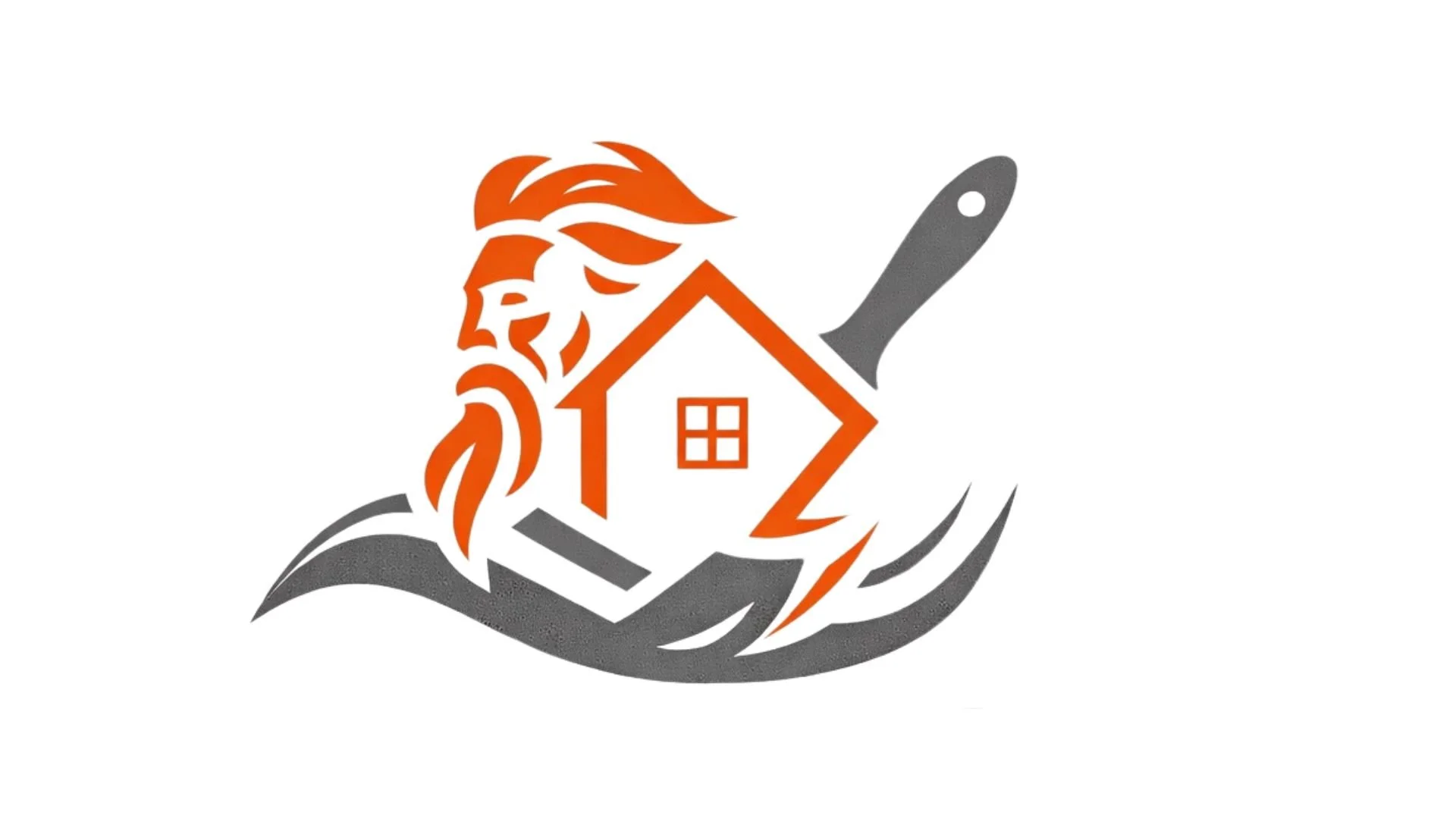 A logo featuring a stylized orange head of a man with a beard, a house inside his silhouette, a gray hand holding a gray hammer beneath, and a gray swoosh at the bottom.