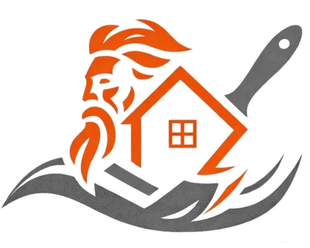 A logo featuring a stylized face with orange hair and beard, a house with orange lines, a gray hand underneath, and a gray knife behind the house.