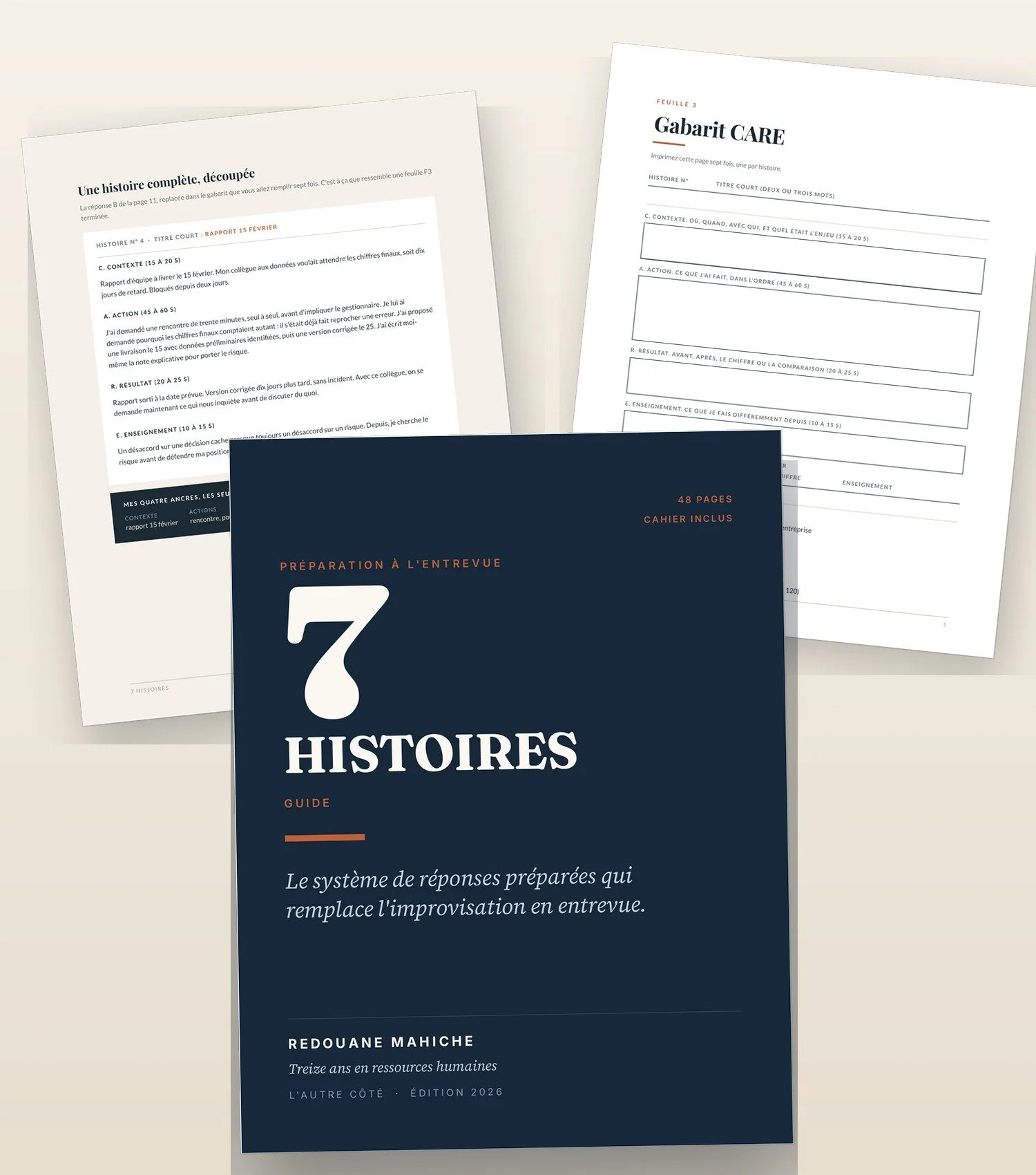 Les trois documents inclus dans 7 Histoires : le guide, le cahier de travail et les 12 questions