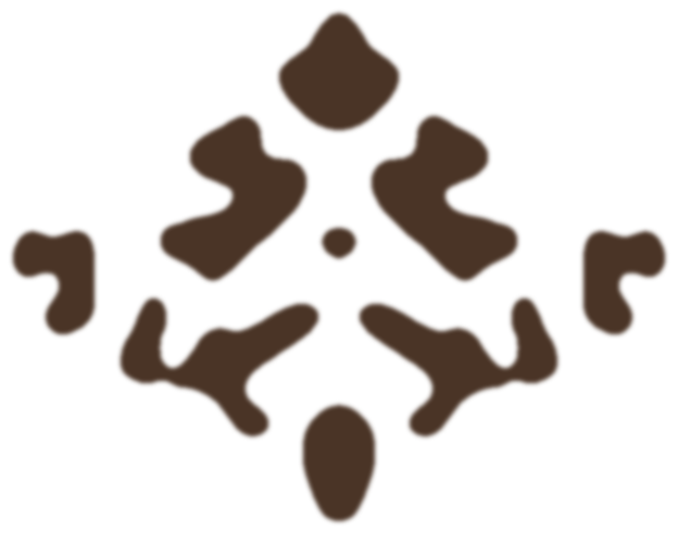 A symmetrical, stylized animal face design with abstract shapes in dark brown color.