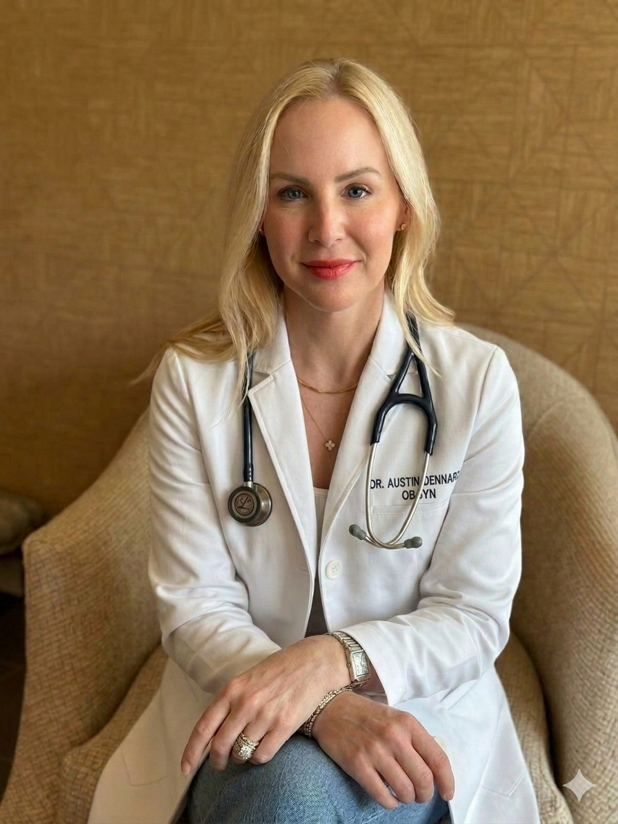 A female doctor with blonde hair, wearing a white coat and stethoscope, sitting on a beige chair in front of a wooden wall.