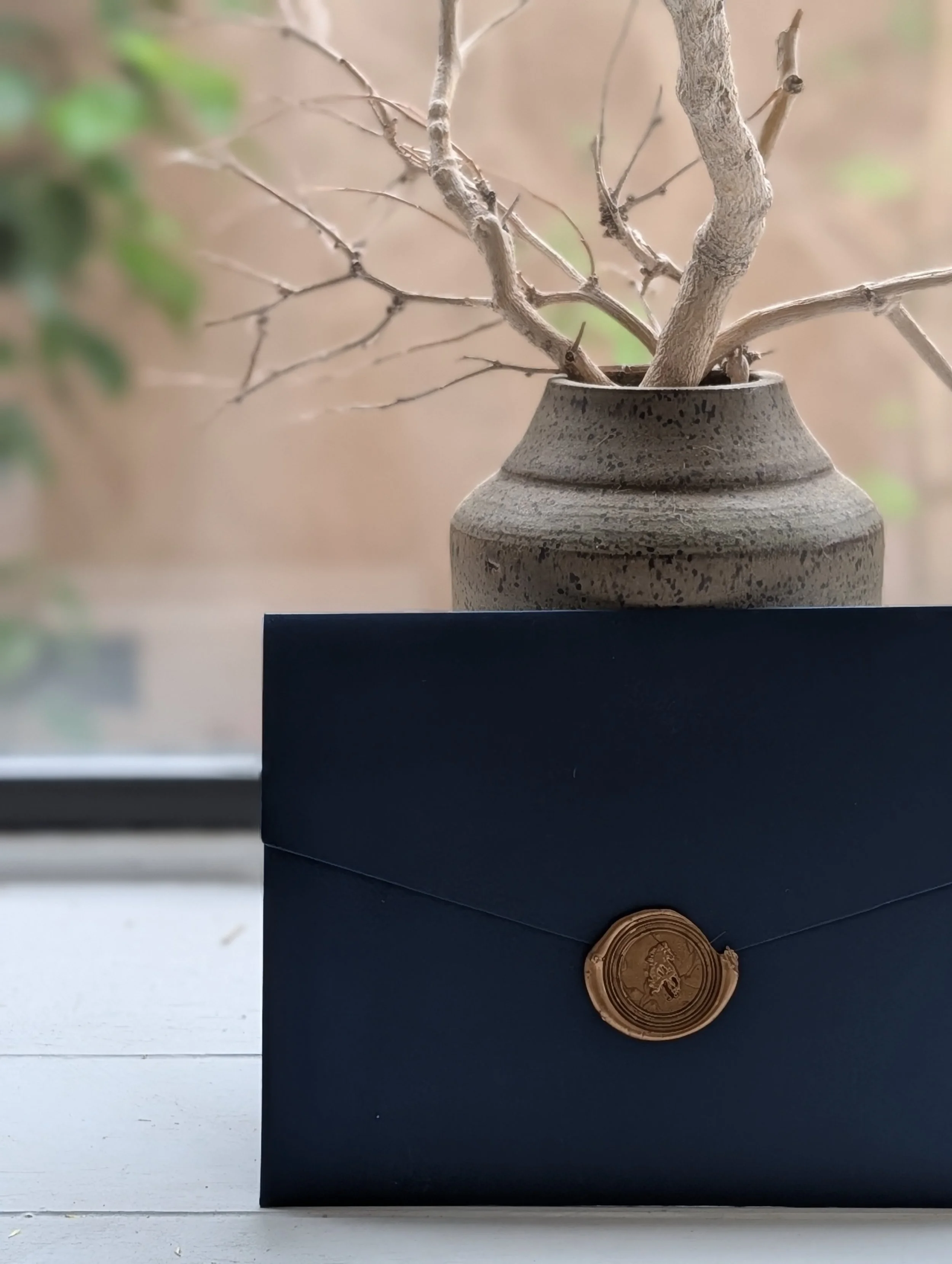 A black box with a wax seal on the front, placed on a white wooden surface, with a decorative vase holding dried branches in the background.