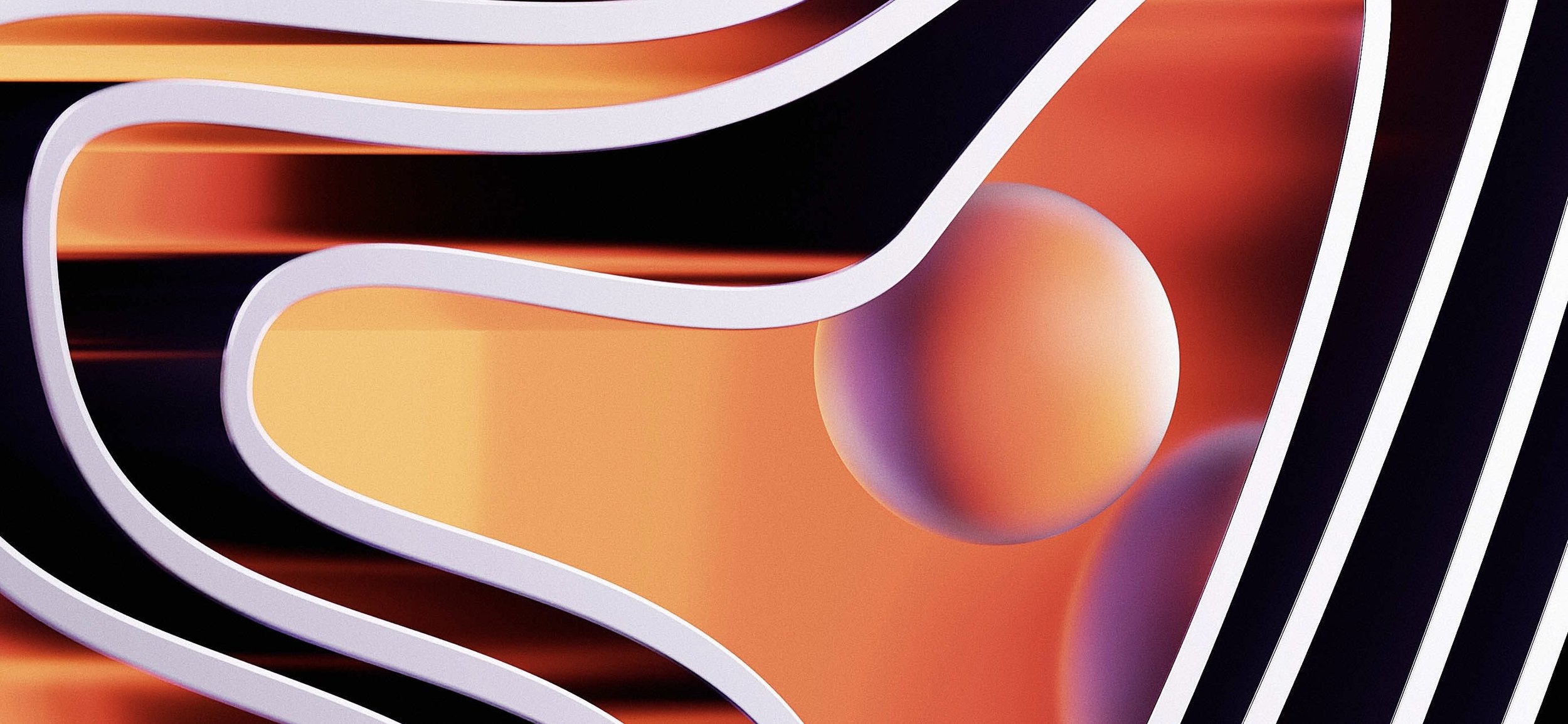 Abstract digital art with flowing white lines, orange and purple gradient spheres, and a black background.