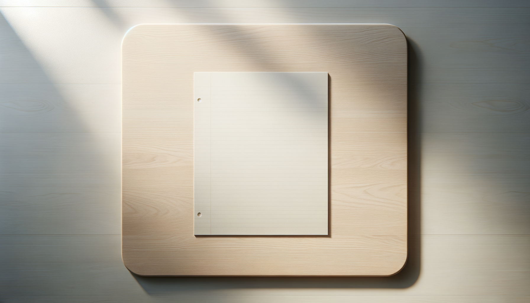 A blank lined white sheet of paper with three punched holes rests on a light wooden table, with sunlight casting shadows across the surface.
