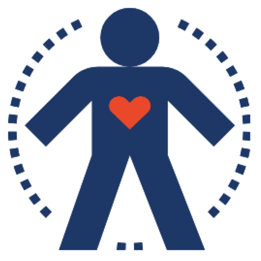 Icon of a human figure with a red heart on the chest, surrounded by a dotted circular line.