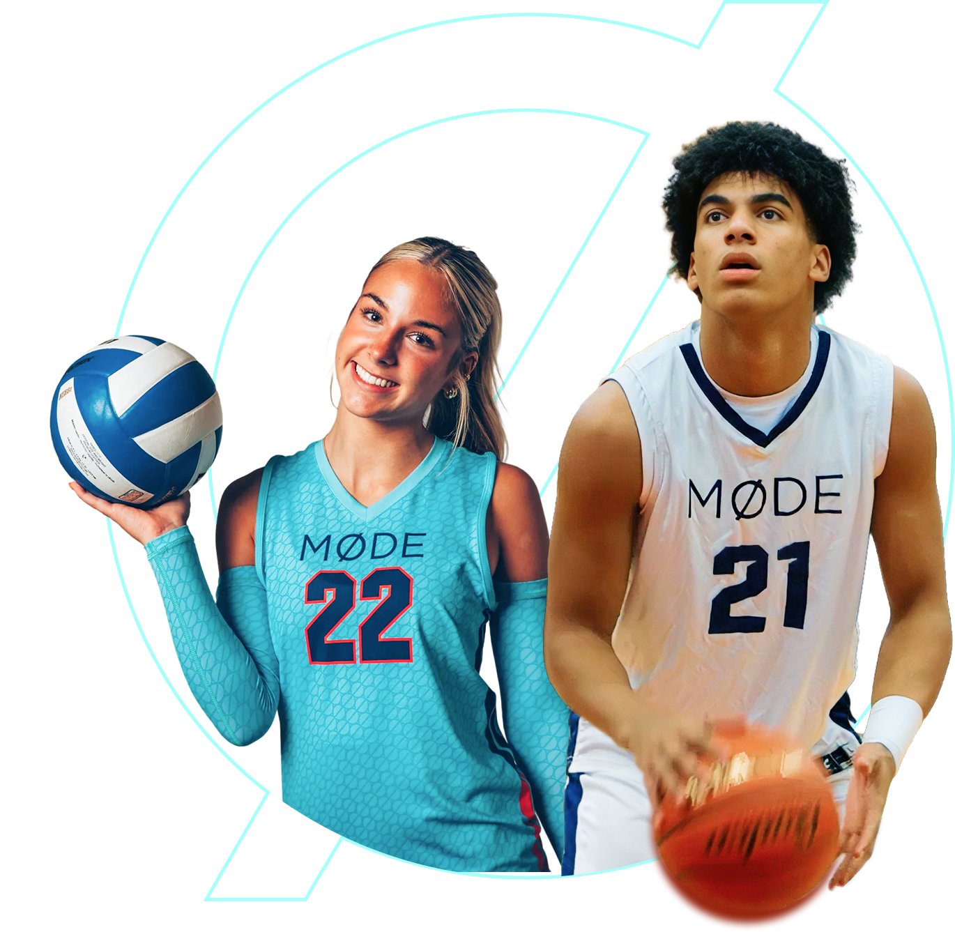 Two volleyball players in sports uniforms, one woman smiling and holding a volleyball, and one man preparing to shoot a basketball, both with 'MODE' on their jerseys.