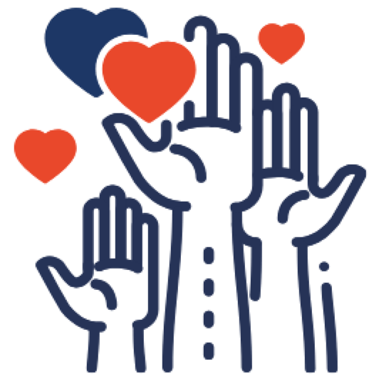 Two outlined hands making a gesture with hearts of various sizes and colors around them.