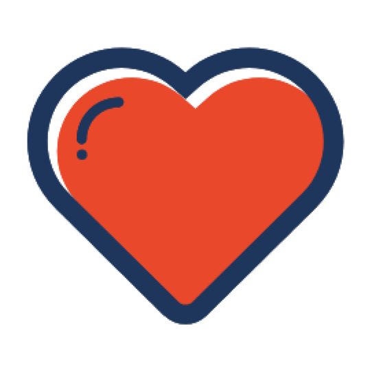 Red heart with a blue outline and a shiny reflection on the upper left part.