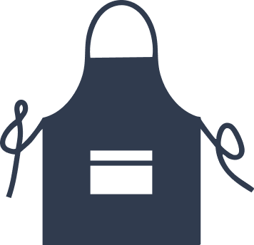 Illustration of a dark blue apron with tie strings and a front pocket.