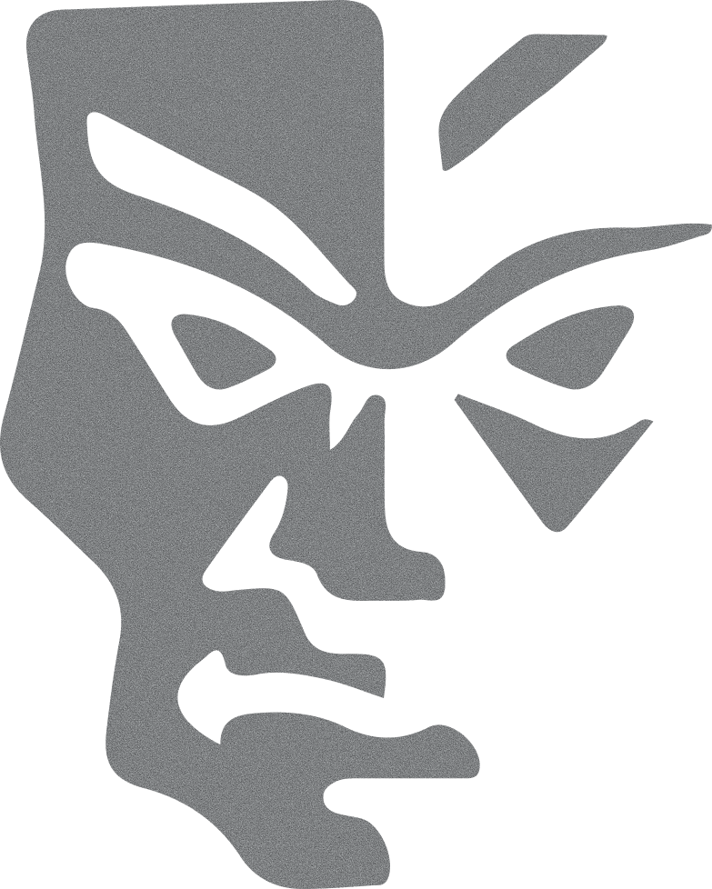 Abstract black and gray stylized face with closed eyes and furrowed brow.